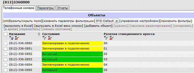 Список телефонных номеров.